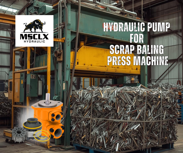 Hydraulic pump for scrap baling press machine by MSCLX Hydraulic, shown in an industrial recycling facility compressing metal scrap into dense bales.