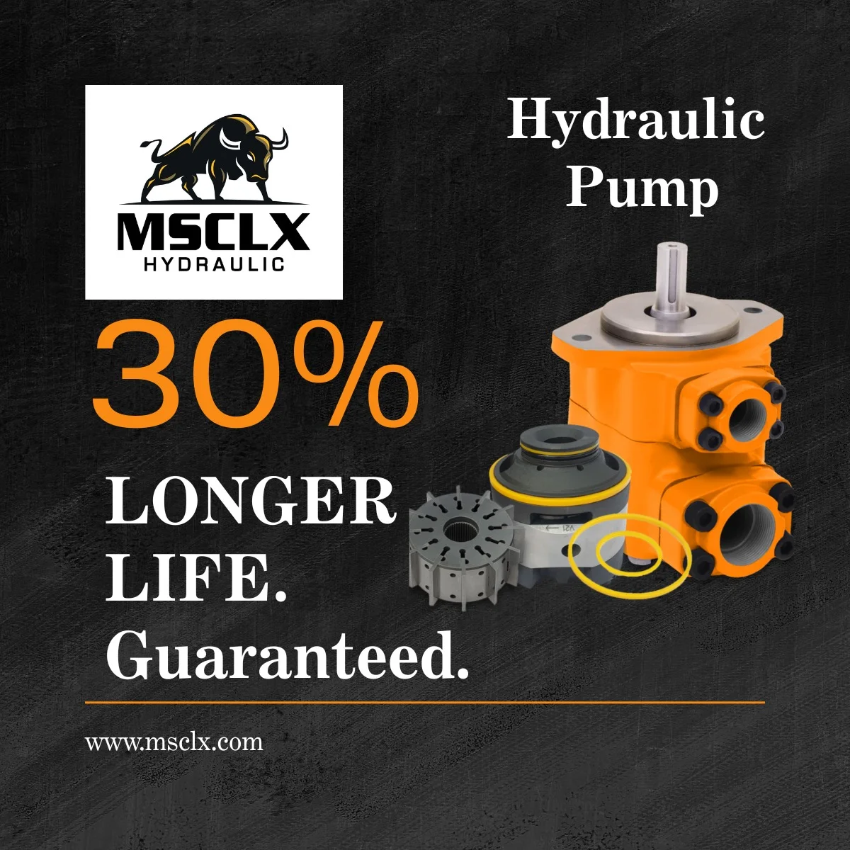 Hydraulic vane pump components showing cam ring and rotor with 30% longer service life text.